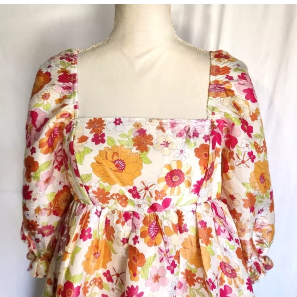 Anthropologie Multicolor Warm Floral Puff Sleeve Babydoll Dress Medium - Picture 3 of 7